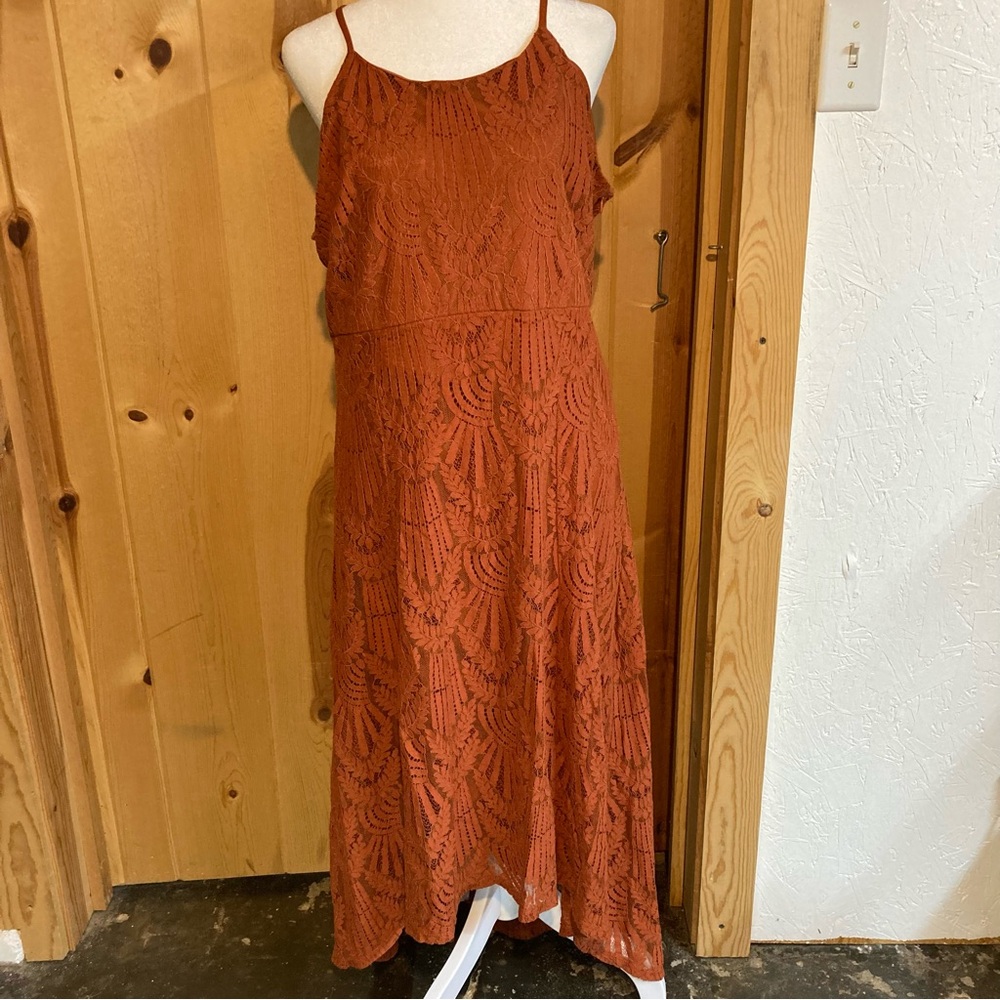 Maurices Terracotta Rust Lace Lined Midi Sheath high/low Dress Side Zip Size L